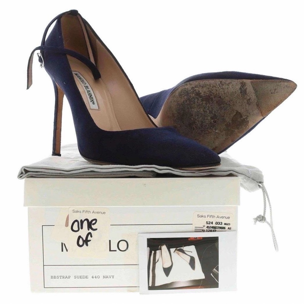 Manolo Blahnik Navy Suede Pointed-Toe Ankle-Strap Heels